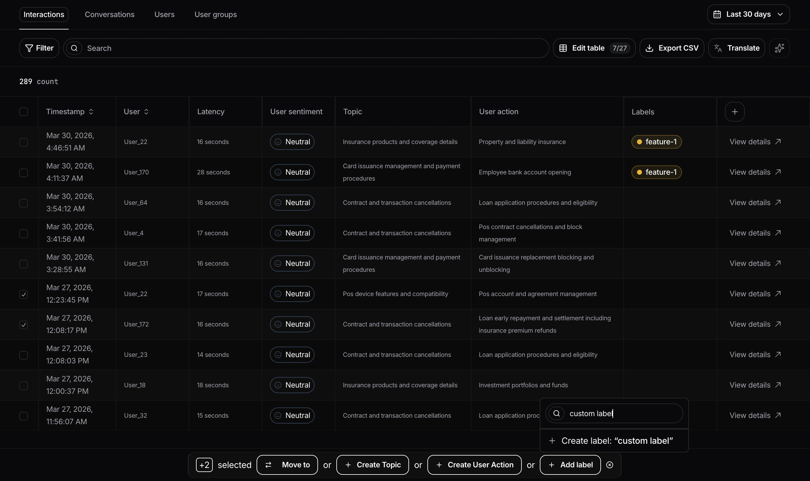 Table view with selected rows and the bulk Add label action for creating or assigning labels