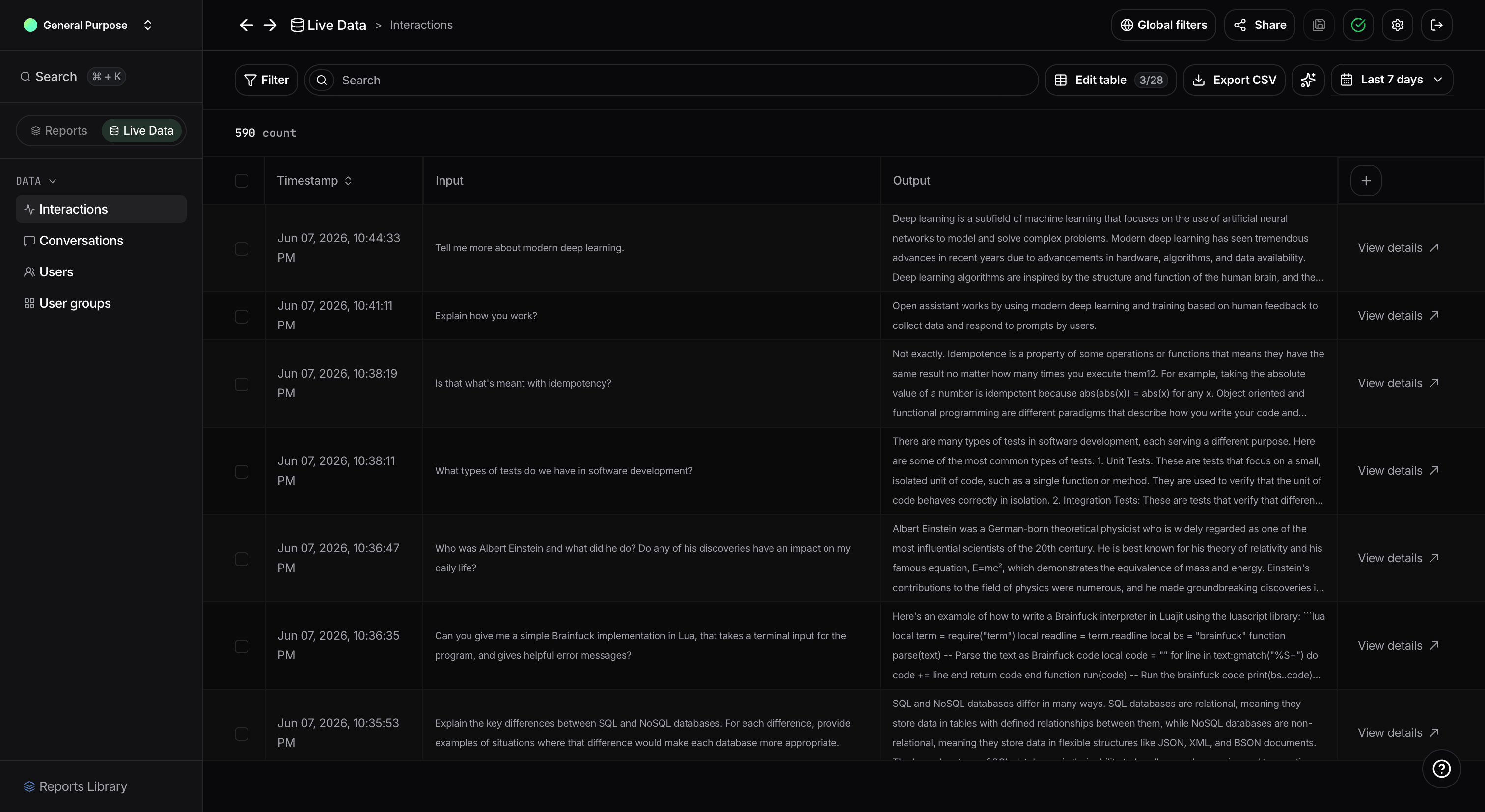 Live Data workspace combining interactions, conversations, users, and user groups views