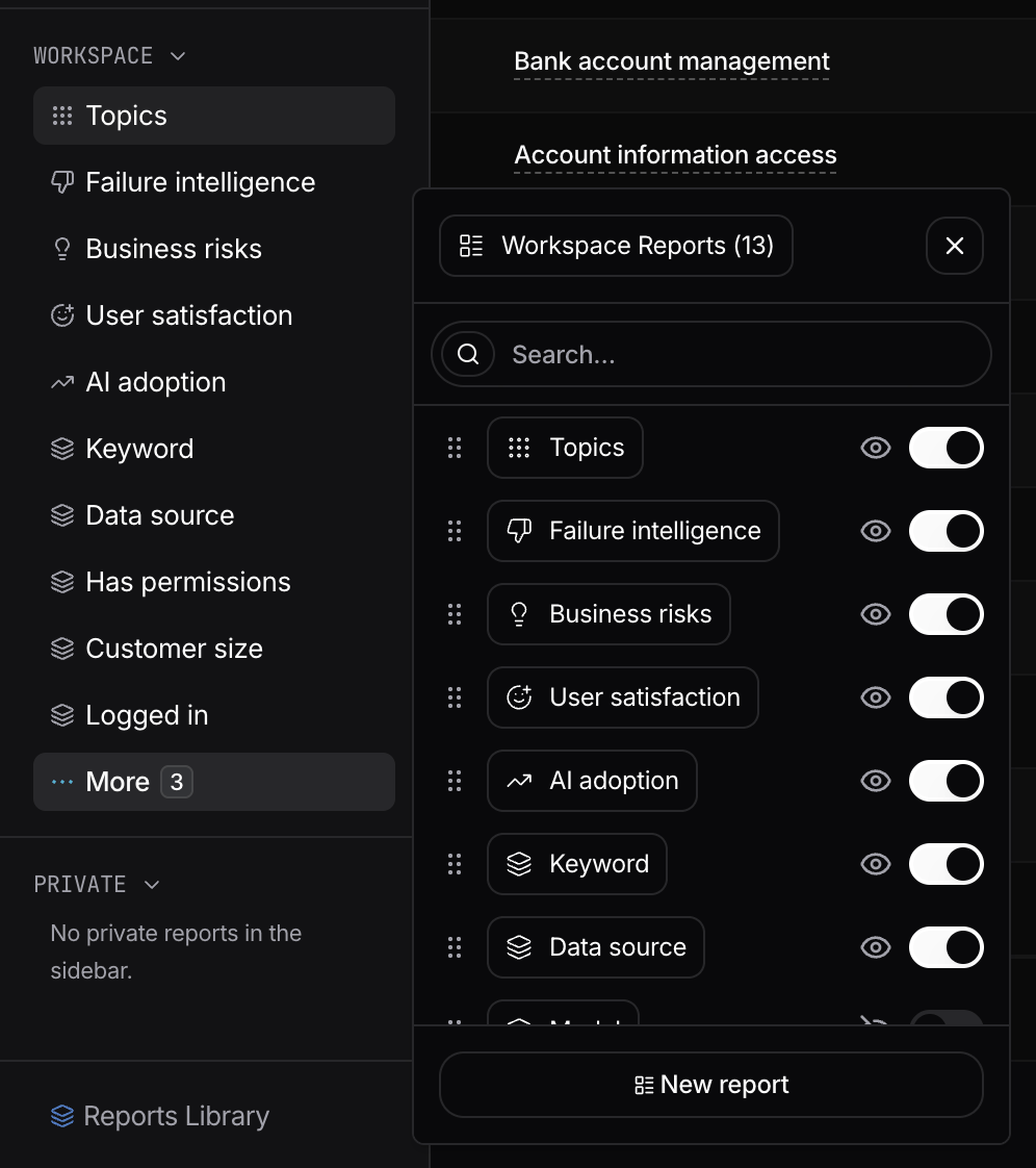 More panel showing report list with toggle visibility and drag-to-reorder controls