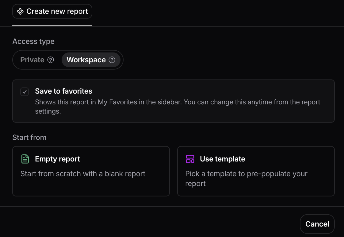 Multi-step report creation wizard with access, templates, and final details