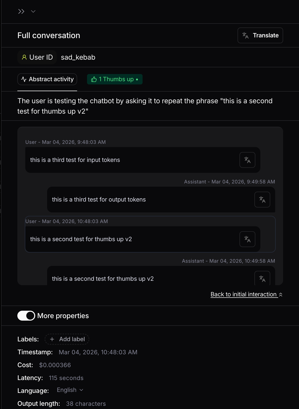 Opened interaction details sidebar where clicking another message loads that interaction's details