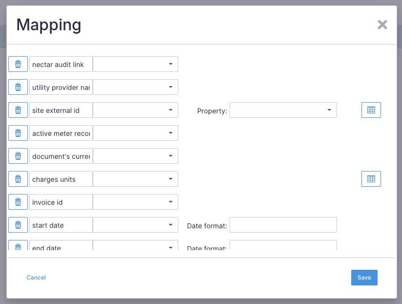 Sphera import mapping dialog listing Nectar's column names