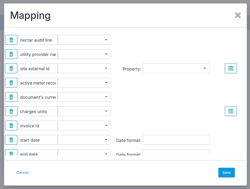 Sphera import mapping dialog listing Nectar's column names