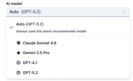 AI model selection interface showing different model options