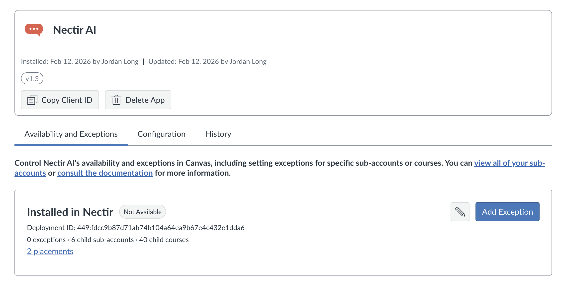 Canvas app integration page showing Nectir AI configuration options after installation
