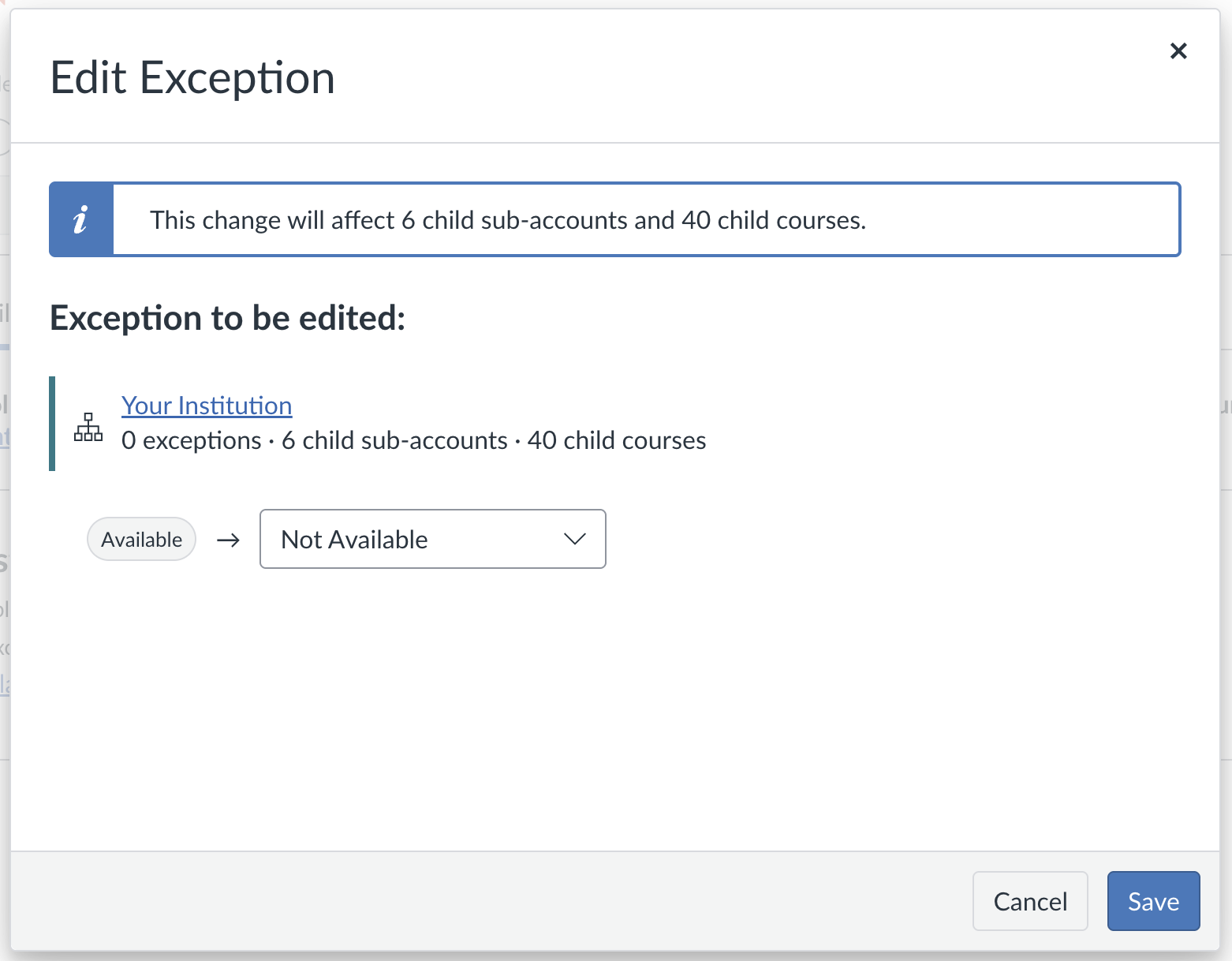 Canvas availability modal showing the dropdown with Not Available selected