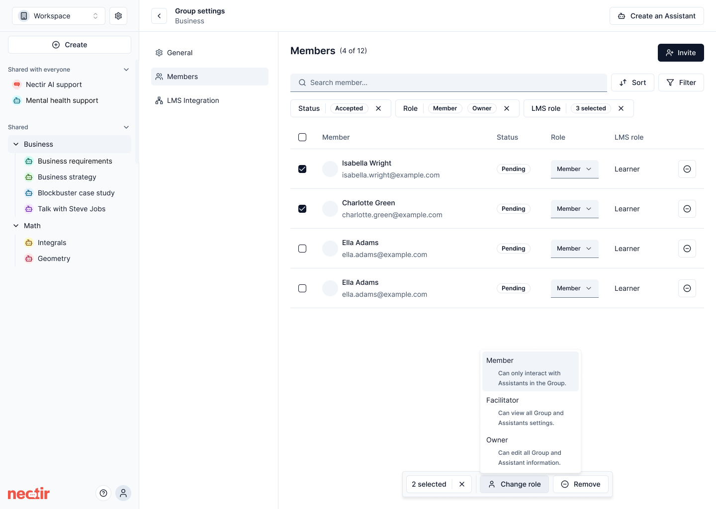 Bulk member actions in Members table