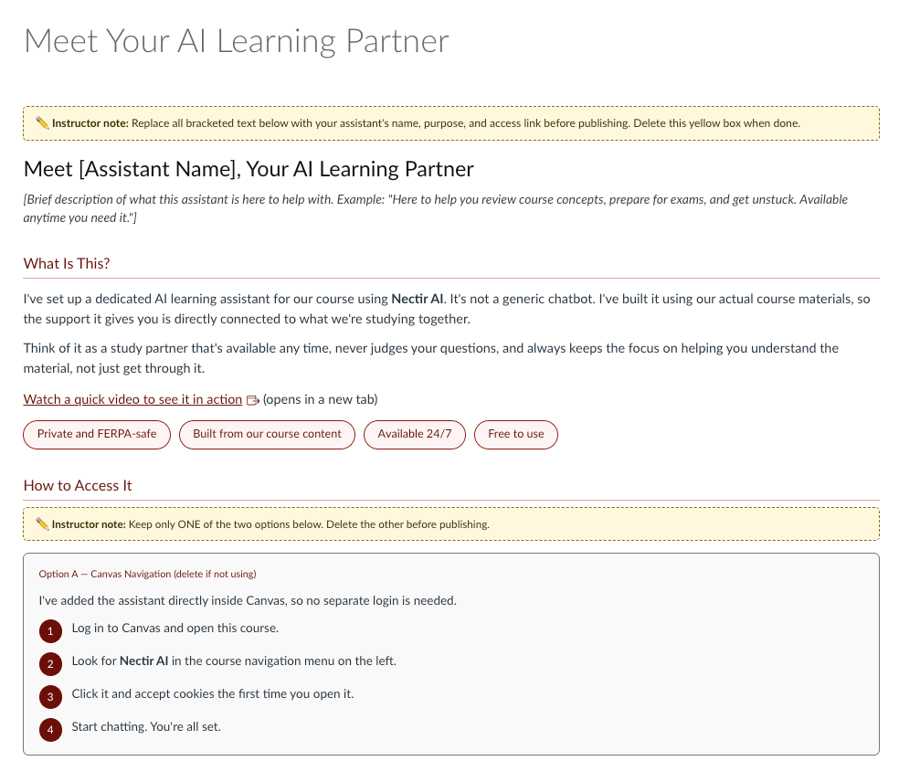 Preview of the Canvas student introduction page showing the AI learning partner template with sections for access, example prompts, privacy, and FAQs
