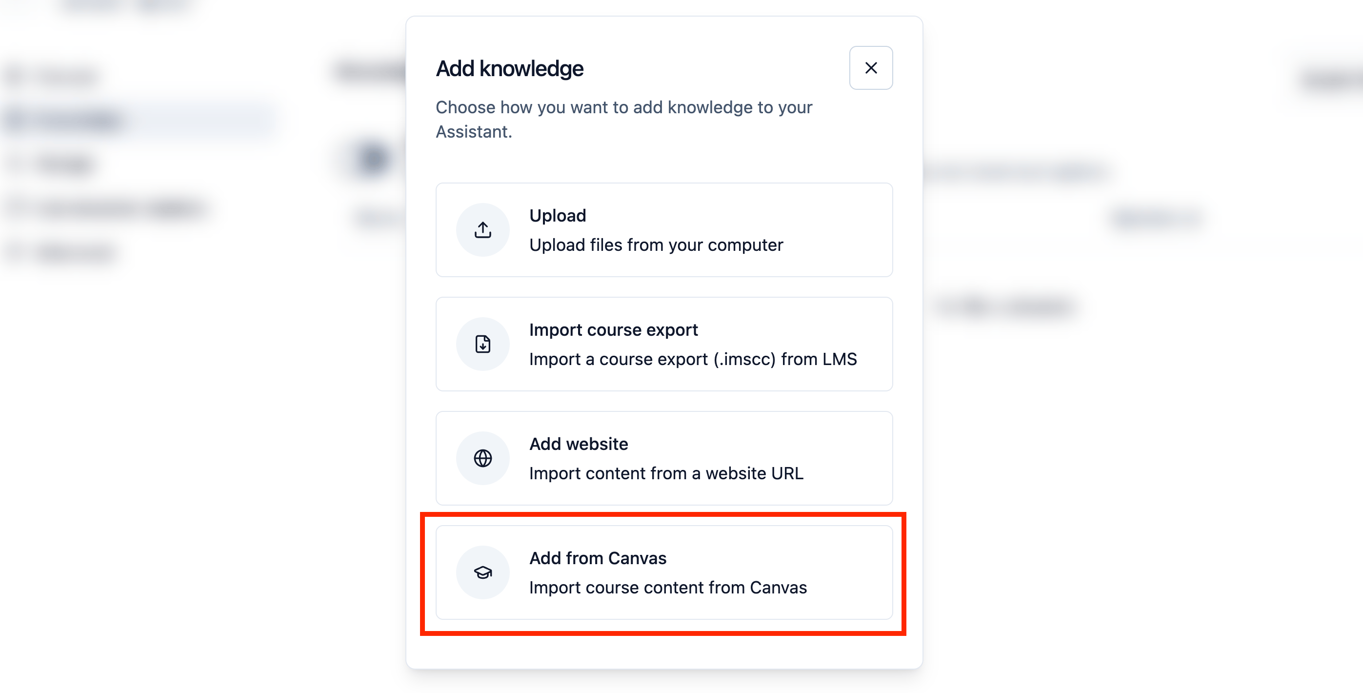 Nectir AI Add knowledge dialog showing Upload, Import course export, Add website, and Add from Canvas options