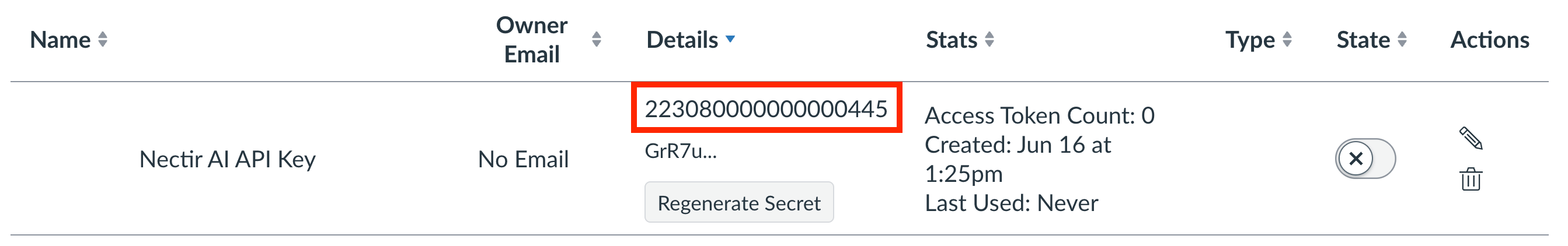 Canvas Developer Keys table with the Client ID number highlighted under the Details column
