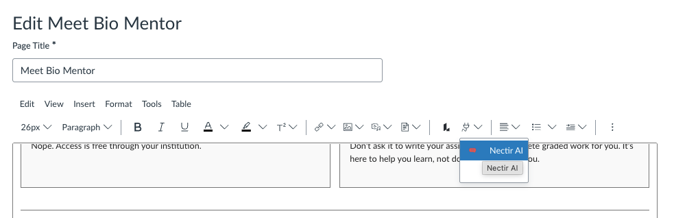 Canvas page editor toolbar showing the Apps button (plug icon) opened to a dropdown containing the Nectir AI option