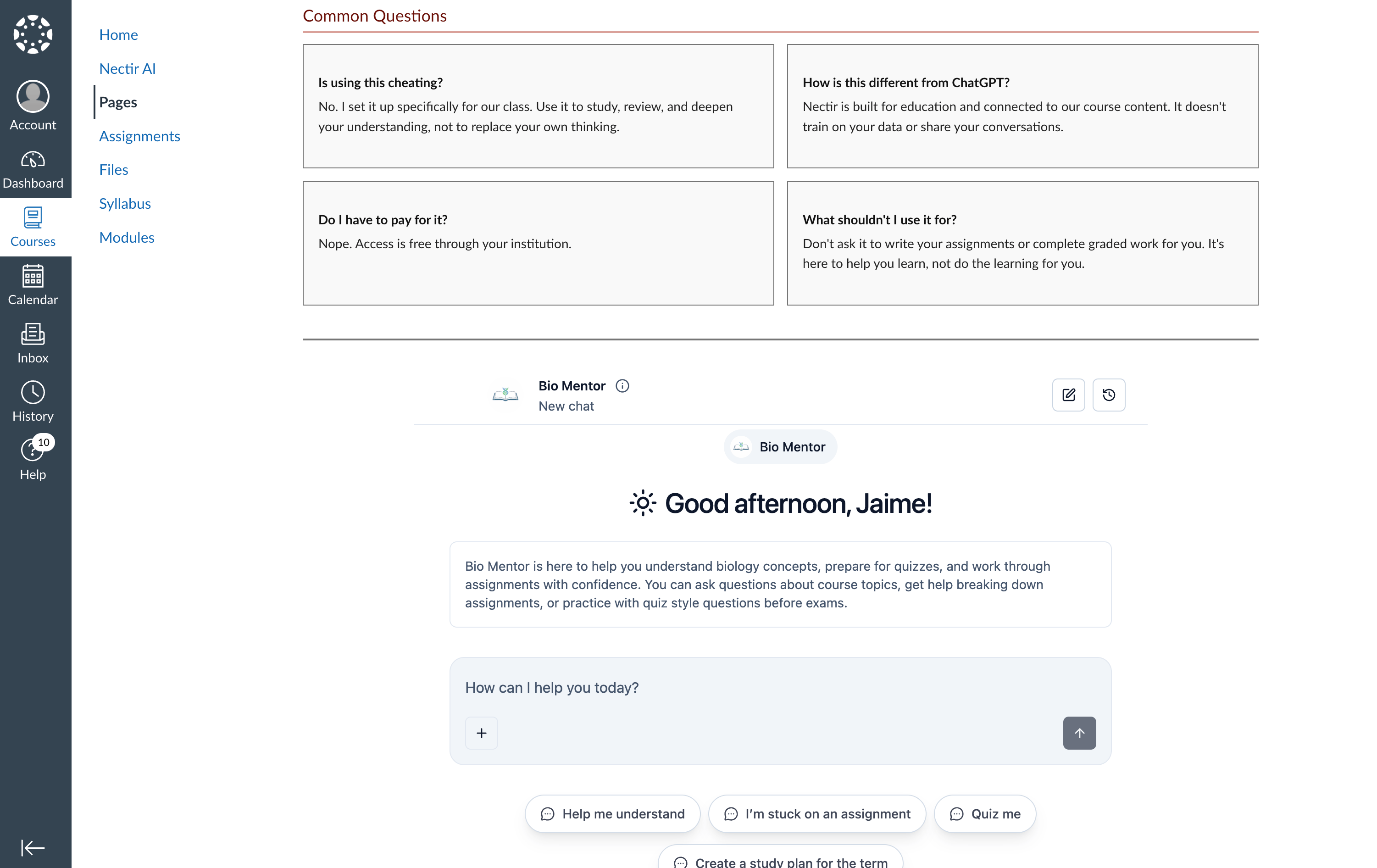 Canvas course page showing a Common Questions section above an embedded Bio Mentor Assistant that students can chat with directly inside the page