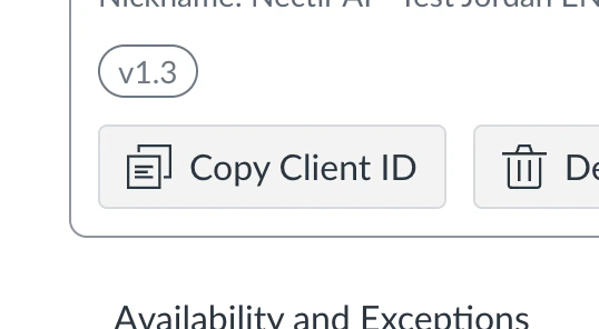 Canvas LTI app details page showing the Copy Client ID button next to the Delete button