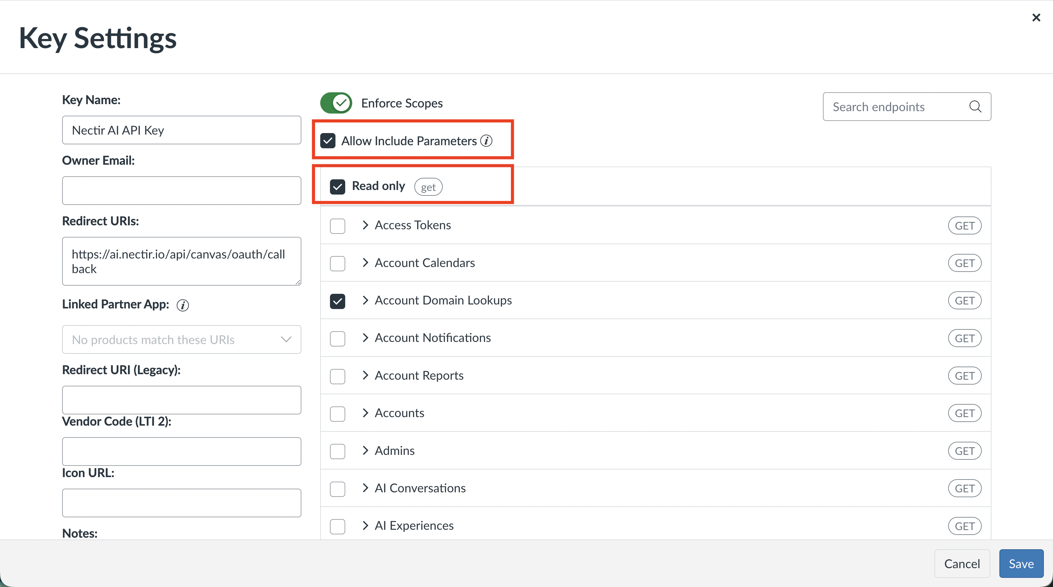 Canvas Key Settings showing Enforce Scopes enabled, and Allow Include Parameters and Read only checkboxes checked
