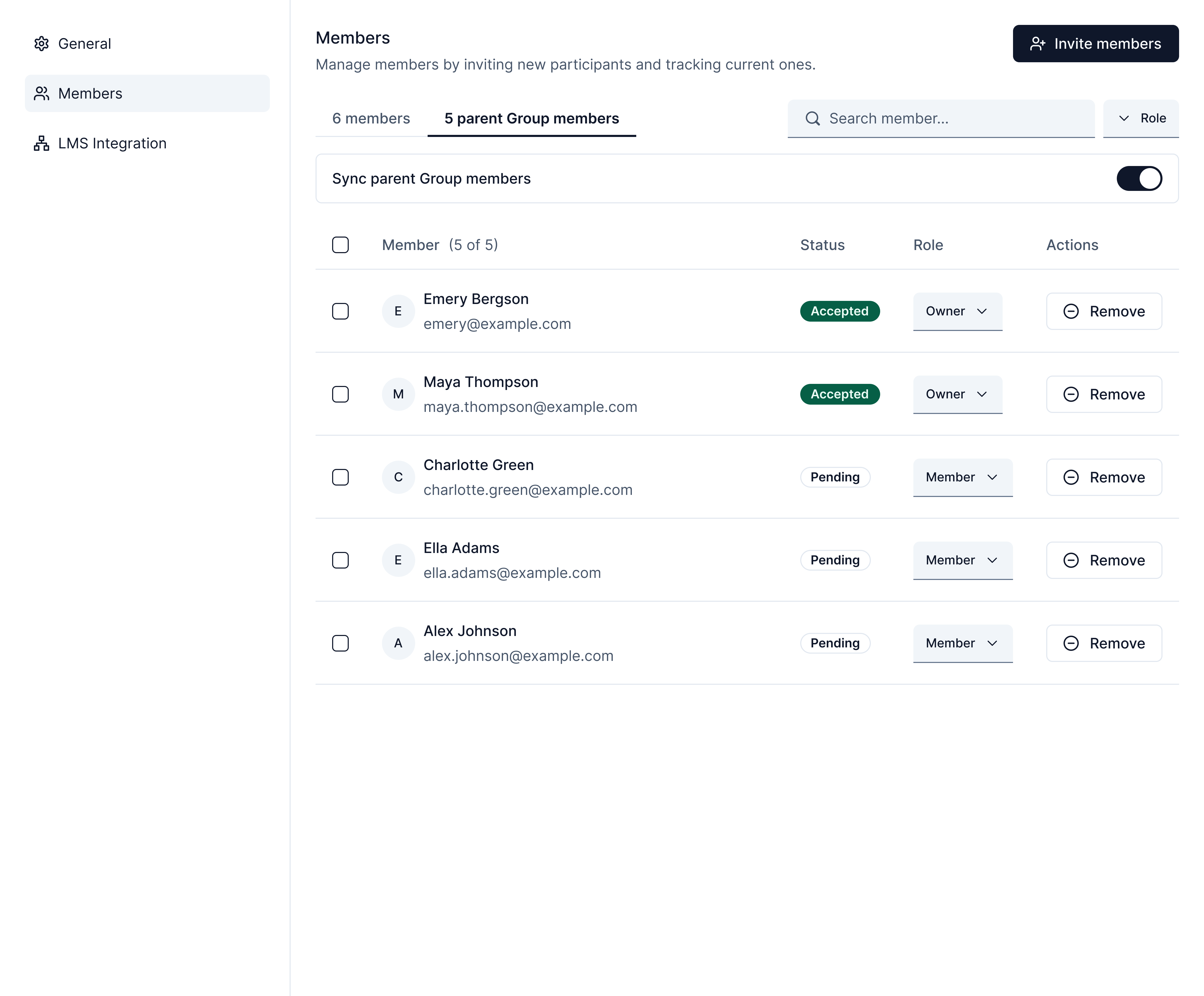 Members view showing the Members tab and Parent Group Members tab