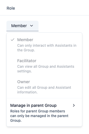 Role dropdown showing disabled options for parent Group members