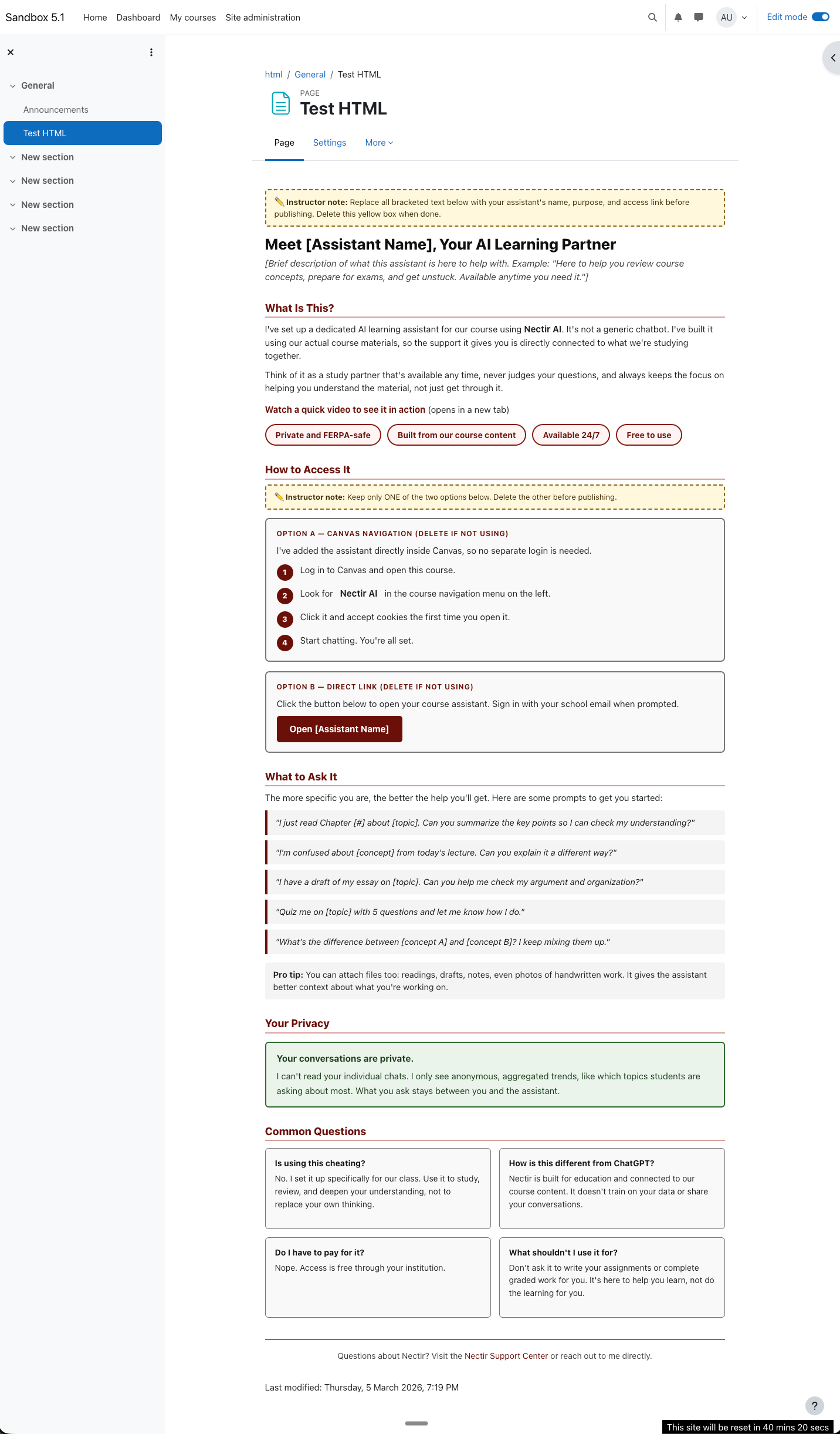Preview of the Moodle student introduction page showing the AI learning partner template with sections for access, example prompts, privacy, and FAQs