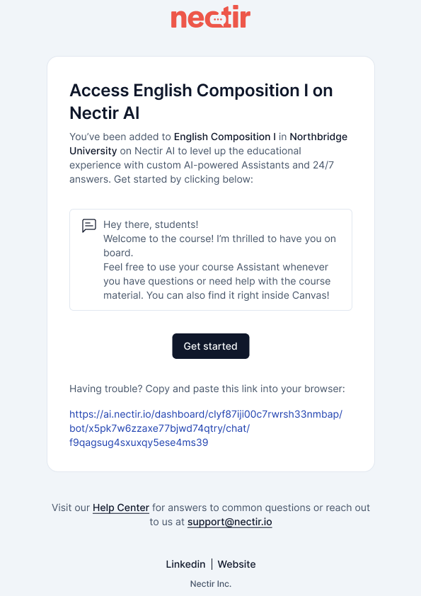 Example invitation email with custom message