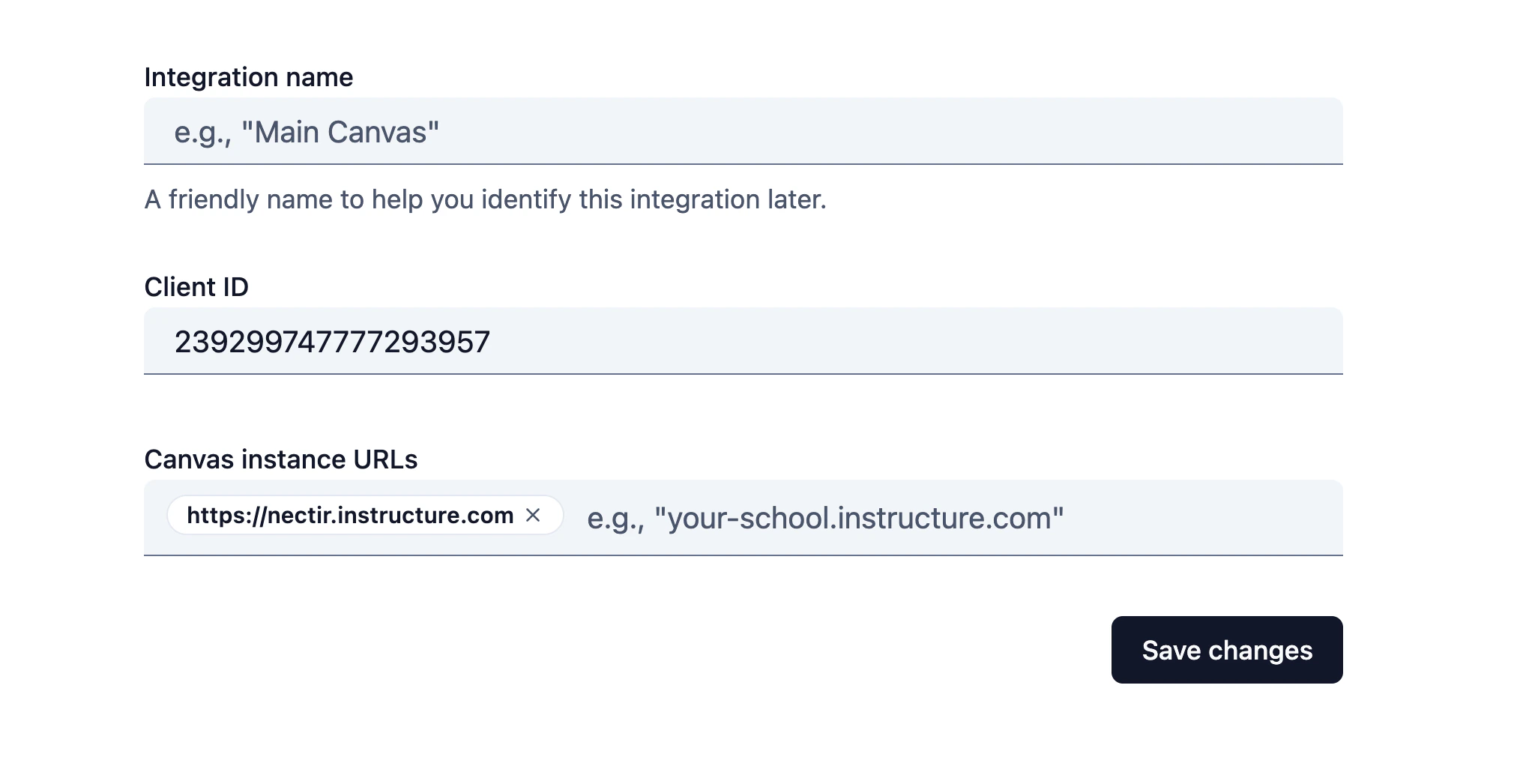 Nectir AI Edit Canvas LTI integration form showing Integration name, Client ID, and Canvas instance URLs fields, with a Save changes button