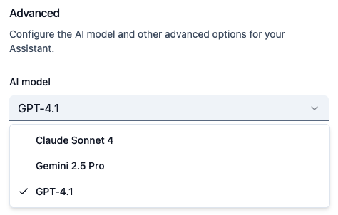 AI model selection interface showing different model options
