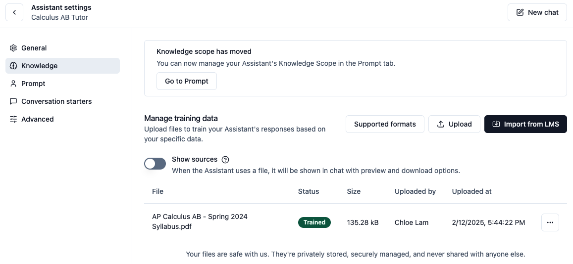 Assistant knowledge settings interface