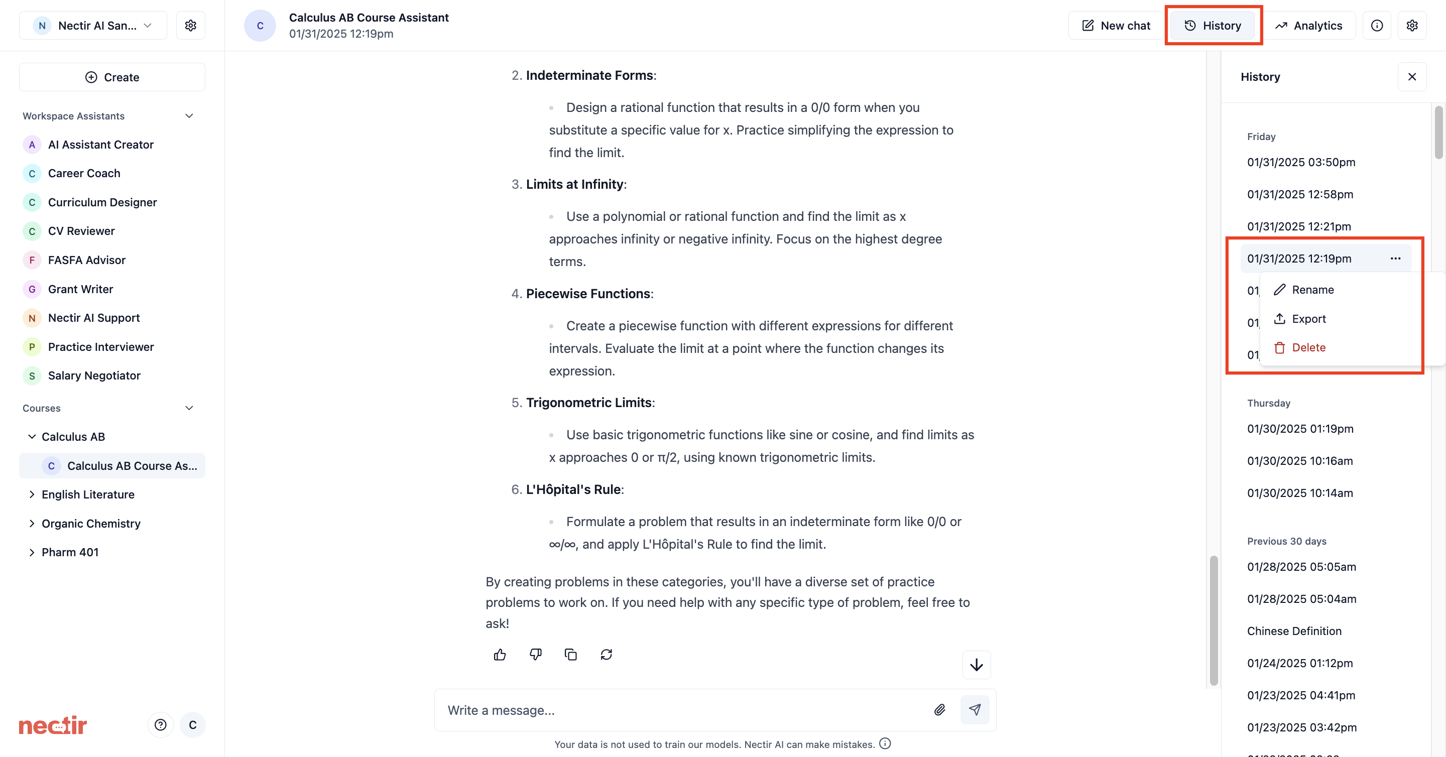 Chat history interface