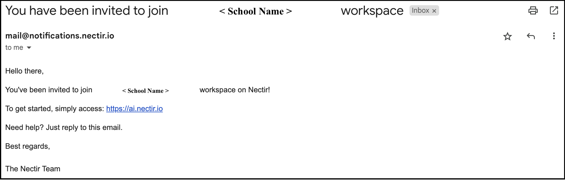 Email invitation to join Nectir AI