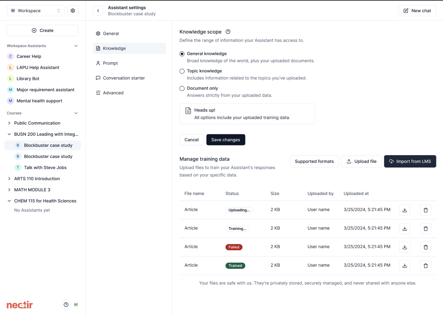 Knowledge import interface showing upload progress