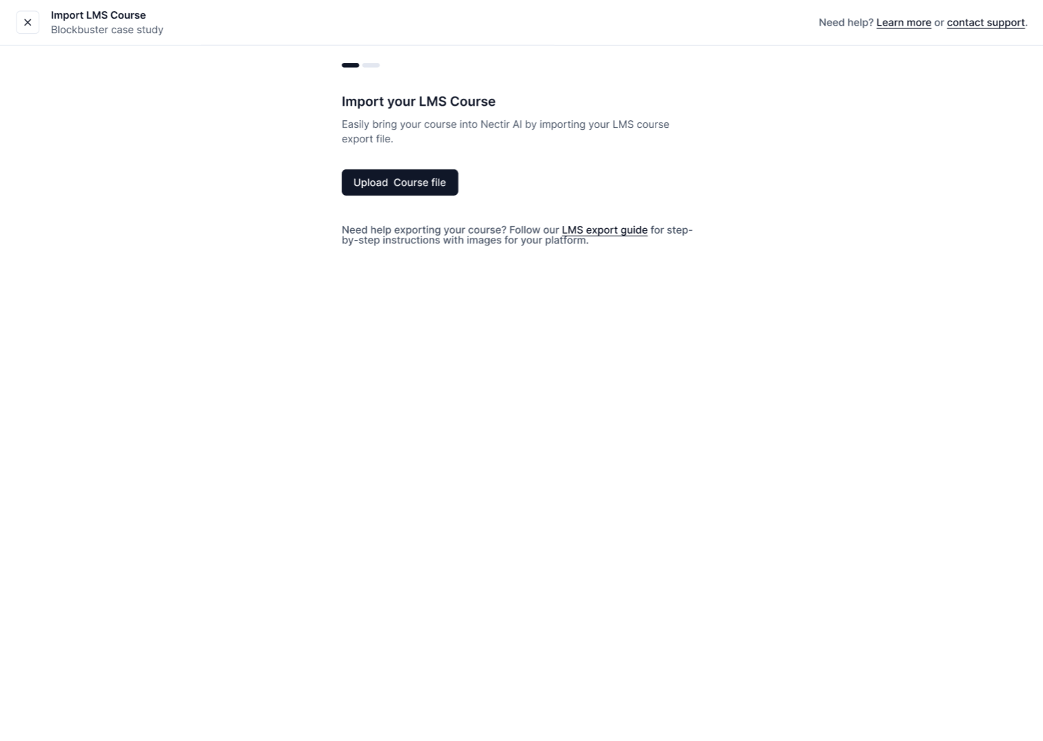 LMS import interface showing course export upload option