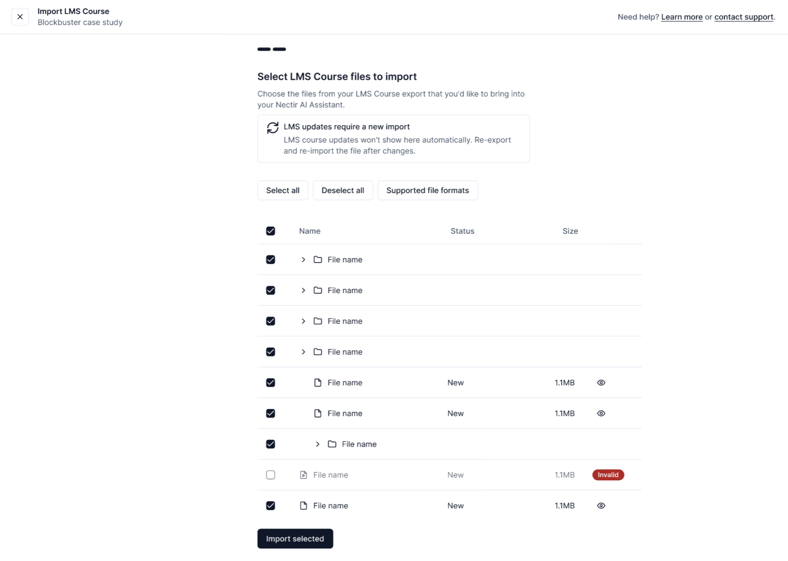 File selection interface showing course content organized by modules