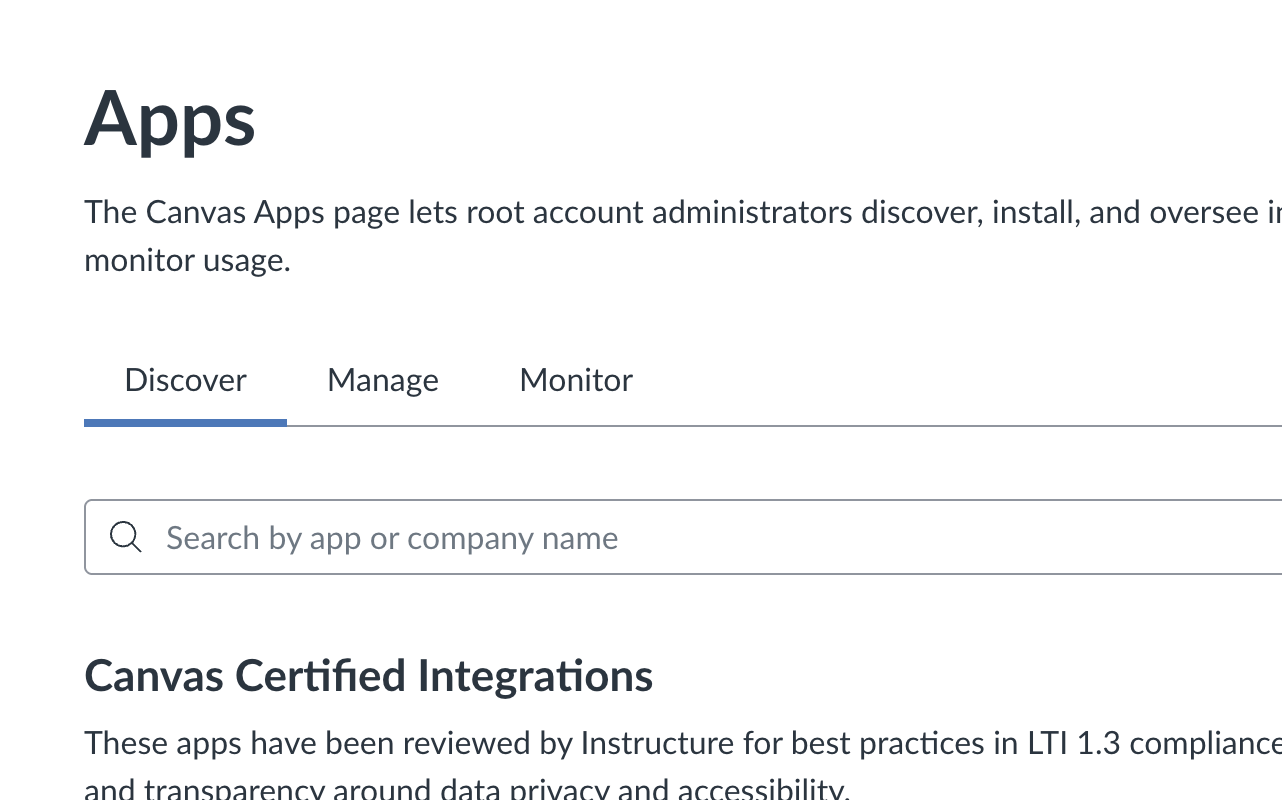 Canvas Apps page showing the Discover, Manage, and Monitor tabs