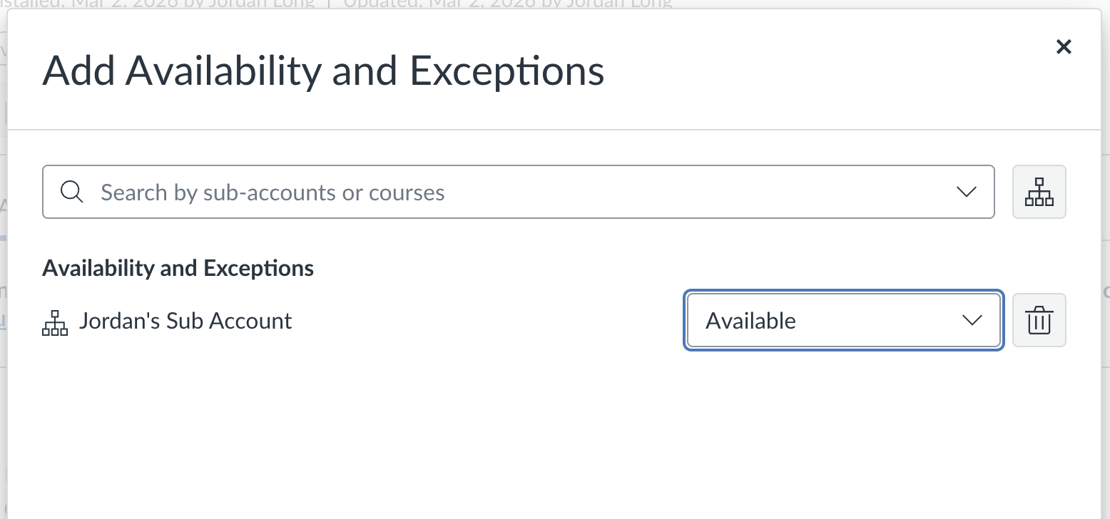 Canvas Add Availability and Exceptions modal showing a sub-account set to Available