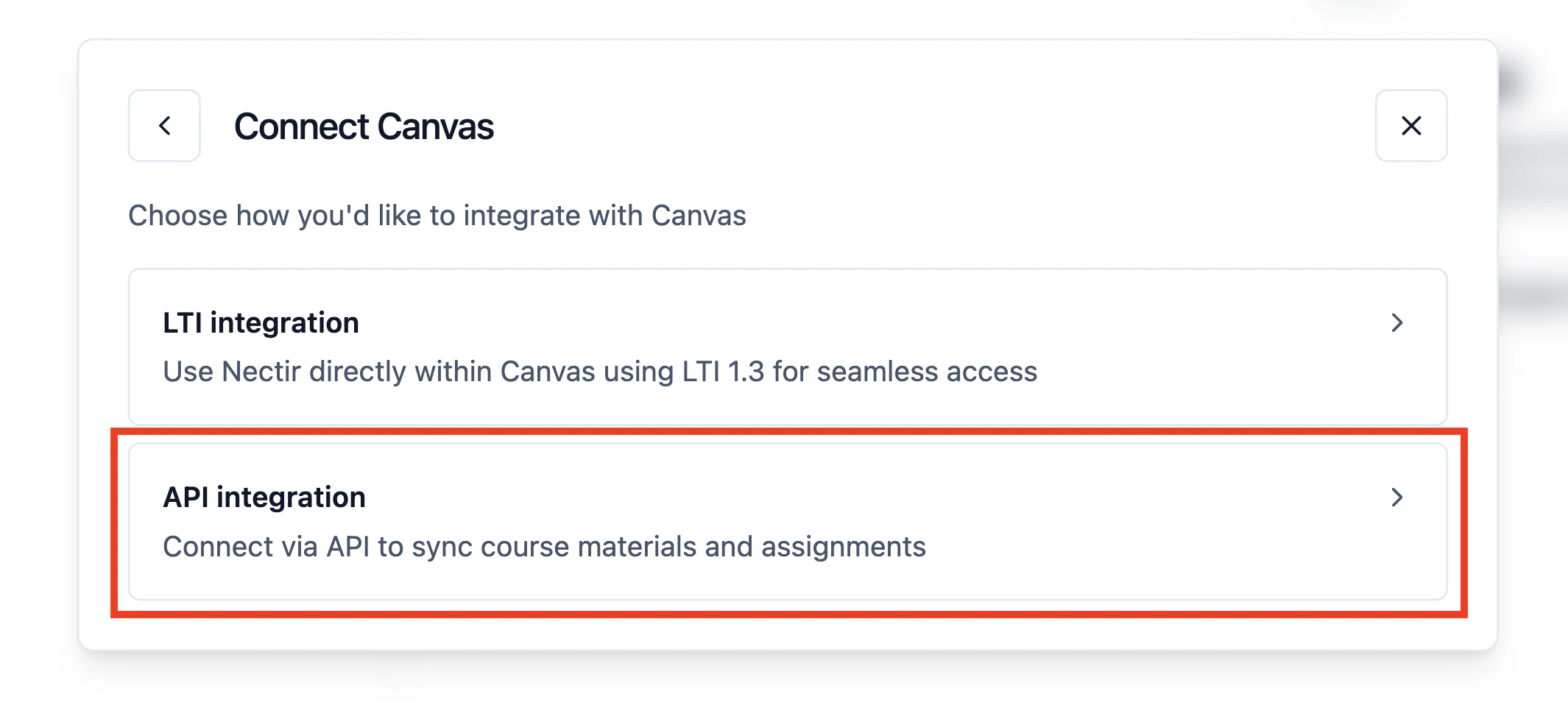 Connect Canvas modal showing LTI integration and API integration options