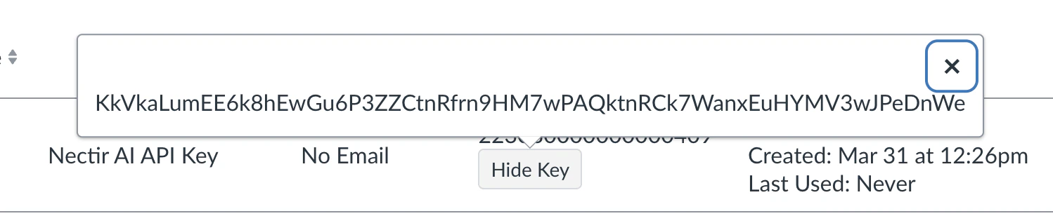 Canvas Developer Keys table showing the Client Secret popup after clicking Show Key