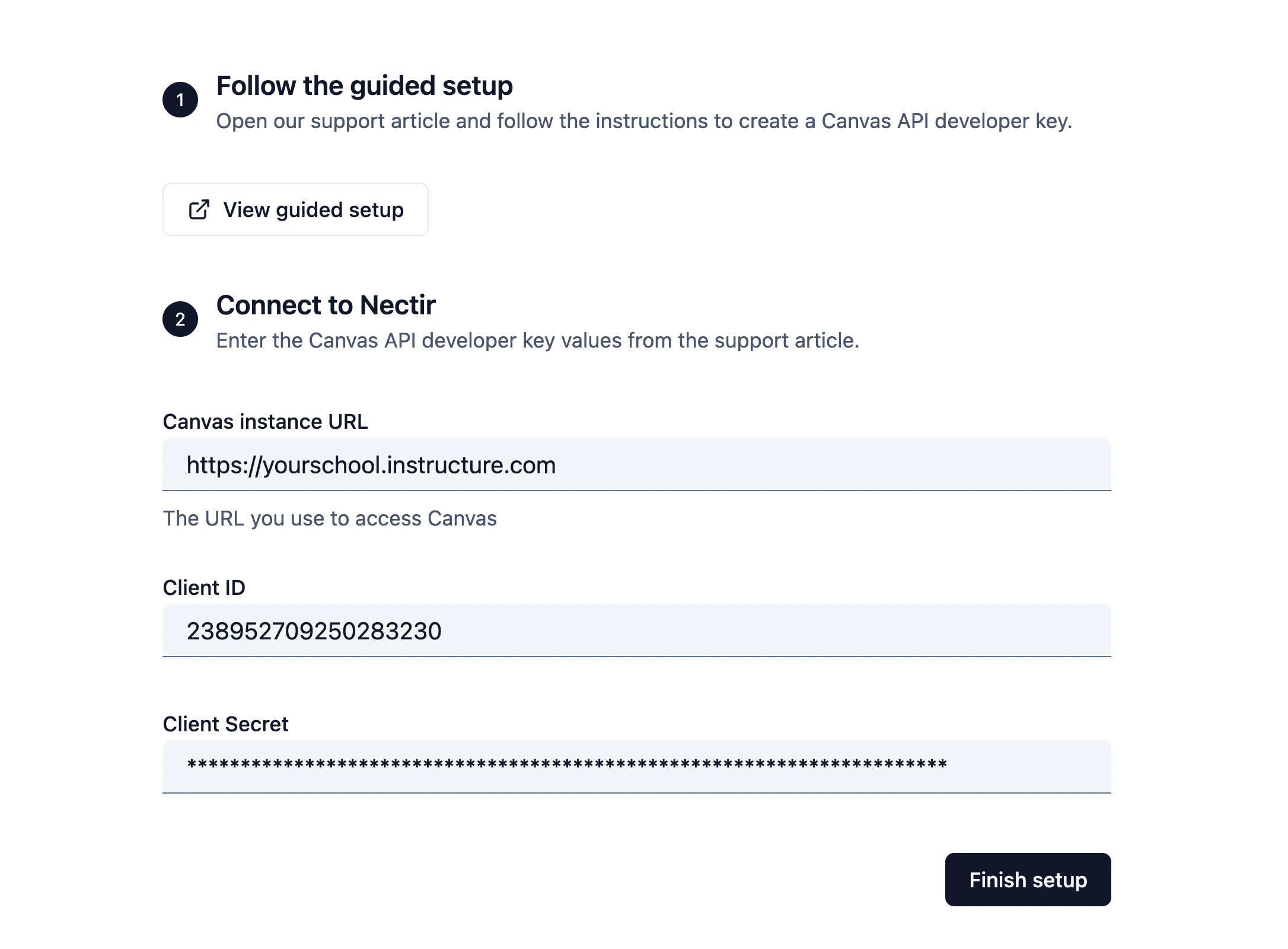 Nectir AI Connect Canvas API form with Canvas instance URL, API key Client ID, and API key Client Secret fields