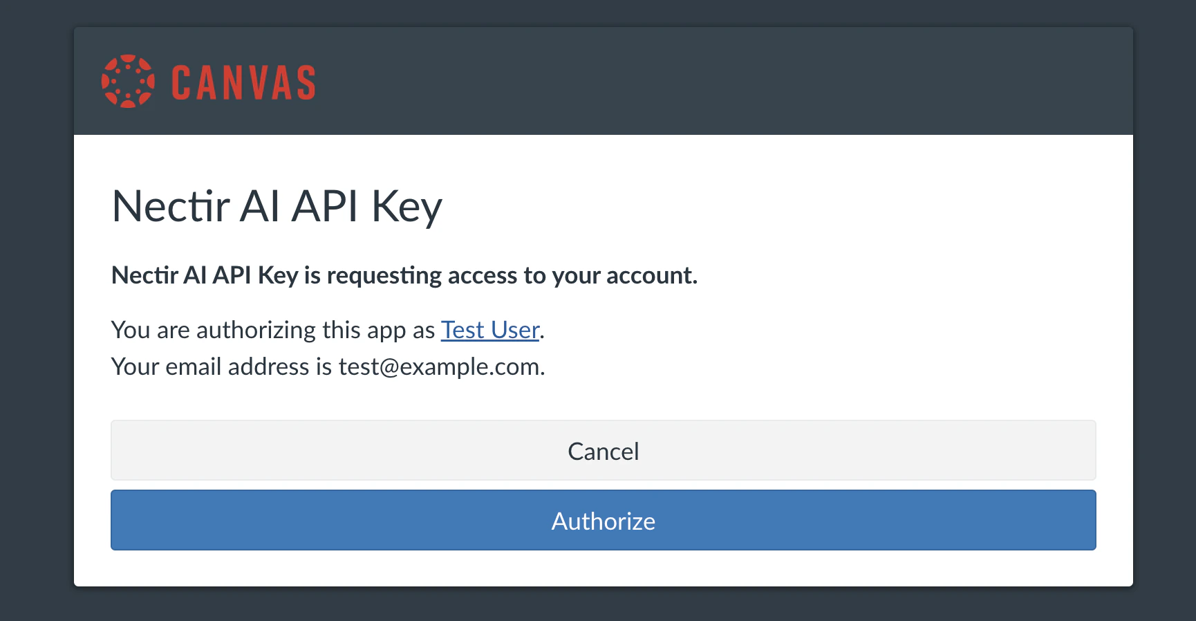 Canvas OAuth screen prompting the user to authorize Nectir AI access
