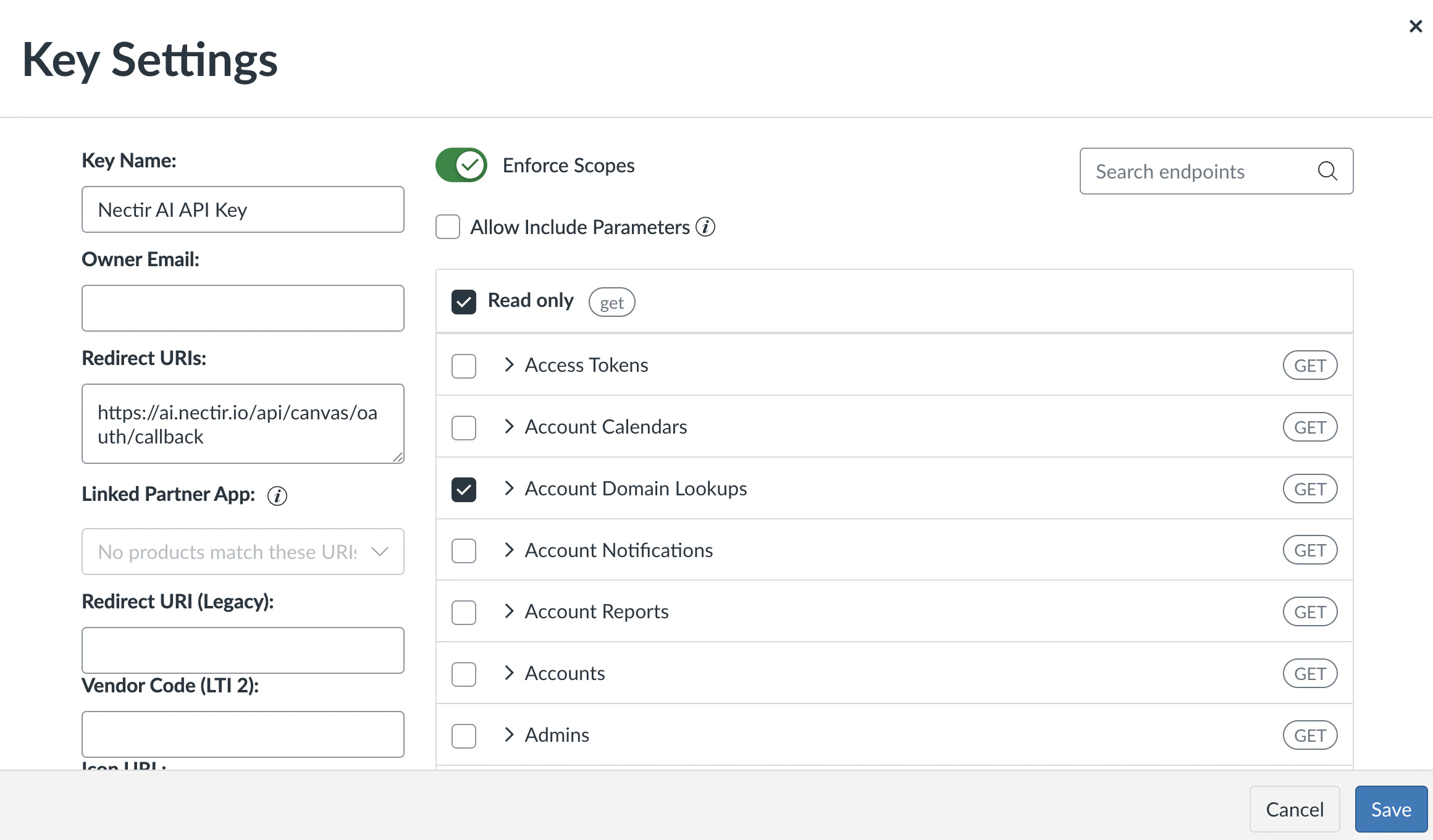 Canvas Key Settings showing Enforce Scopes enabled and Read only checkbox checked