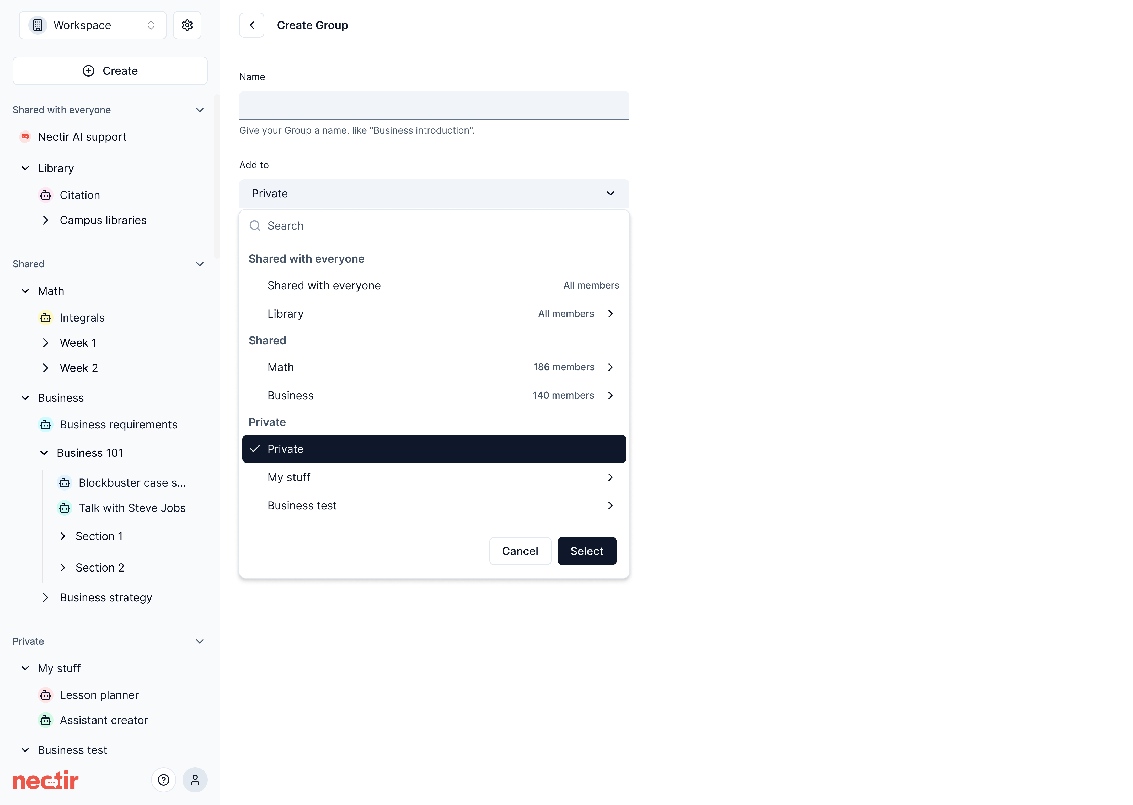 Private space for workspace owners and editors