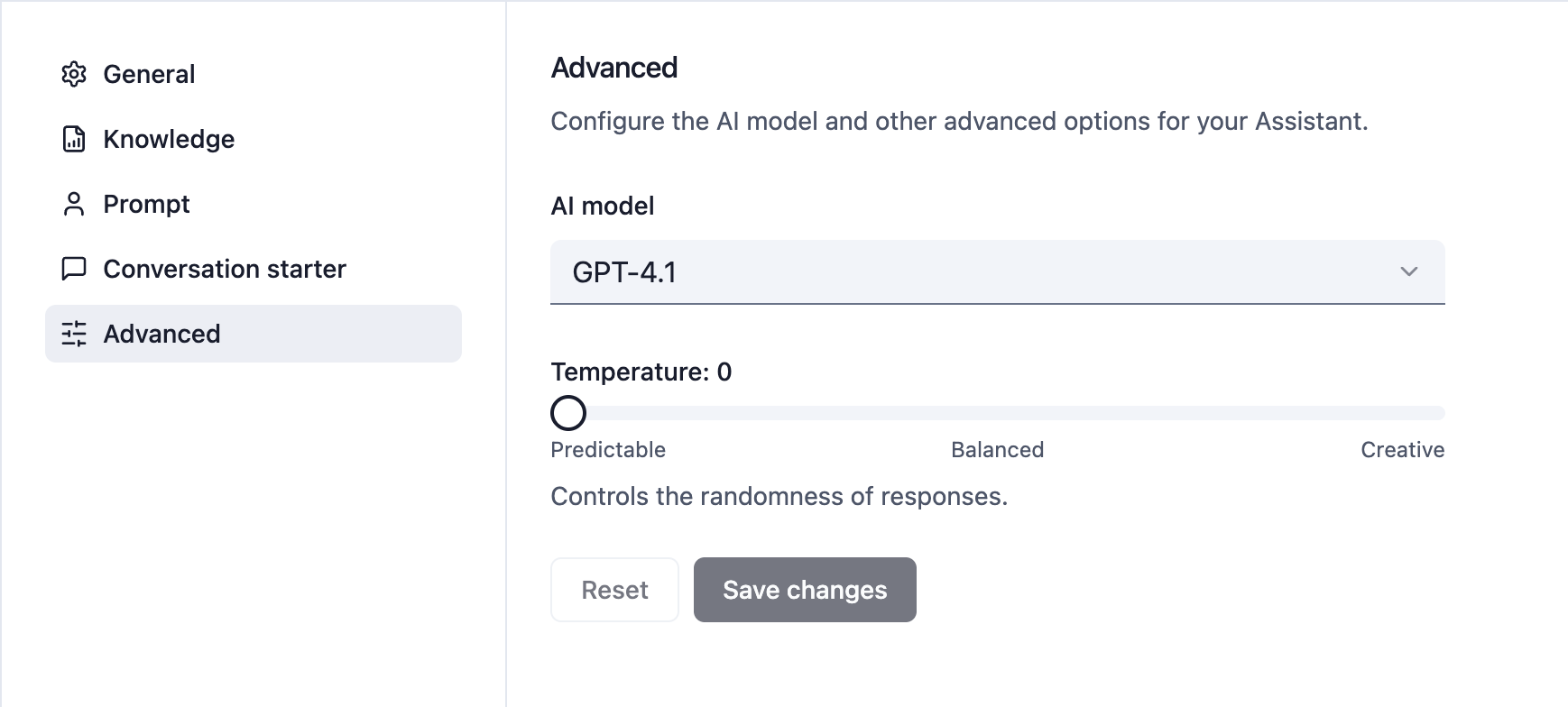 AI model temperature slider