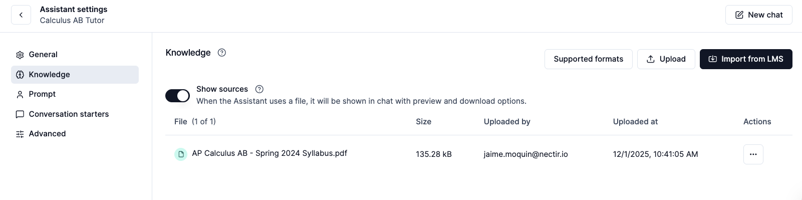 Assistant knowledge settings interface