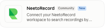 NeetoRecord's card in Claude's connector directory search results, showing the logo, the name, and the start of the description