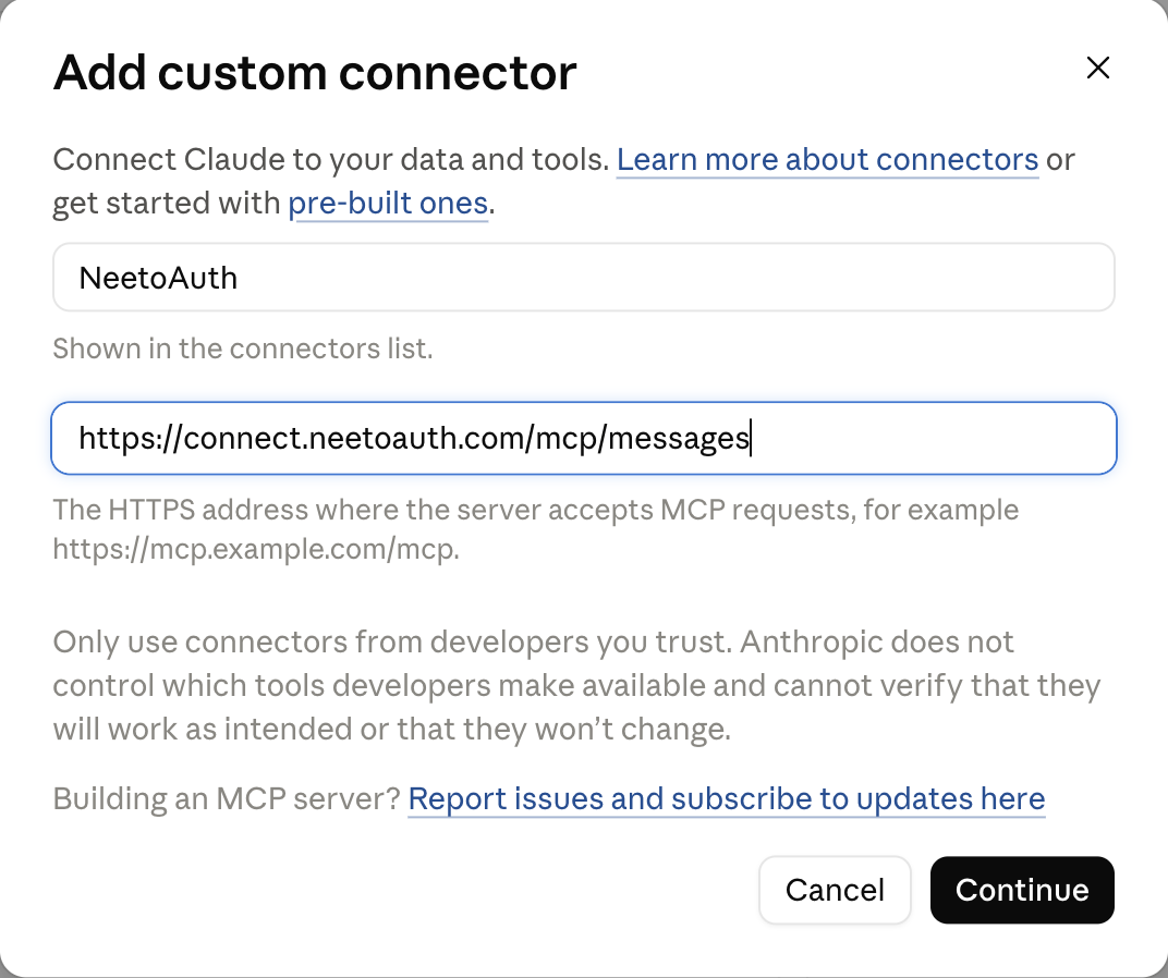 Claude's Add custom connector dialog with the name NeetoAuth and the server URL https://connect.neetoauth.com/mcp/messages filled in, and a Continue button