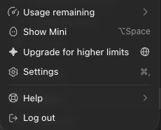 The profile menu in the ChatGPT desktop app, with Settings in the list