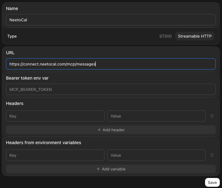 The Connect to a custom MCP form with the name NeetoCal, the type Streamable HTTP, the server URL filled in, and a Save button