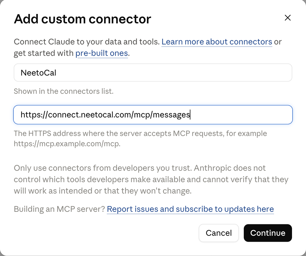Claude's Add custom connector dialog with the name NeetoCal and the server URL https://connect.neetocal.com/mcp/messages filled in, and a Continue button