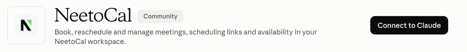 The NeetoCal entry in Claude's connector directory, with a one-line description and a Connect to Claude button