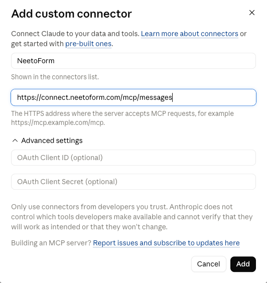 Claude's Add custom connector dialog with the name NeetoForm and the server URL https://connect.neetoform.com/mcp/messages filled in, and empty optional OAuth client id and secret fields under Advanced settings