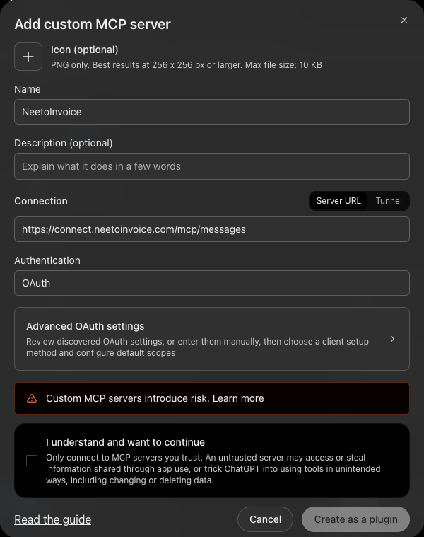 The Add custom MCP server form with the name NeetoInvoice, the server URL filled in, Authentication set to OAuth, and a Create as a plugin button