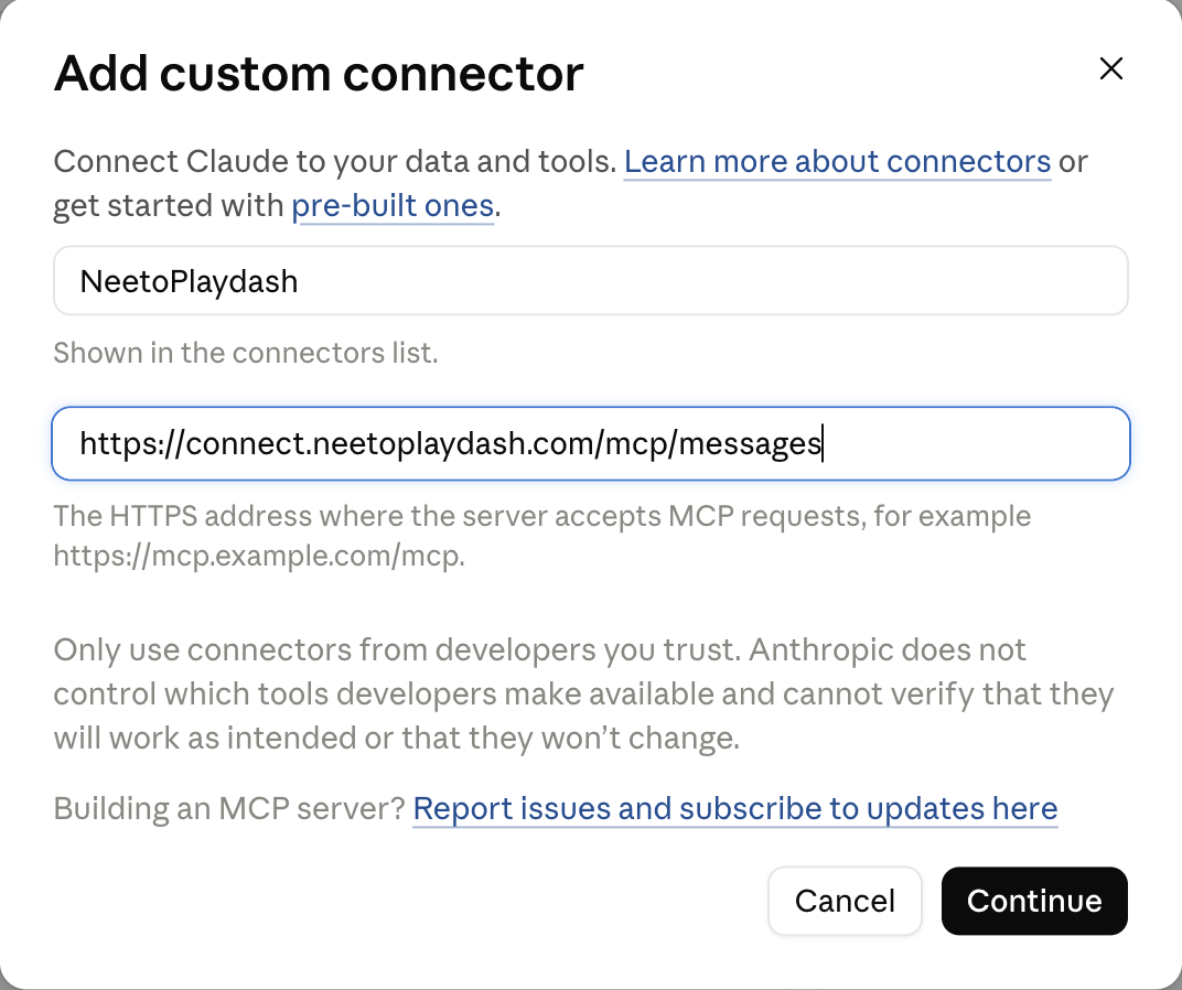Claude's Add custom connector dialog with the name NeetoPlaydash and the server URL https://connect.neetoplaydash.com/mcp/messages filled in, and a Continue button