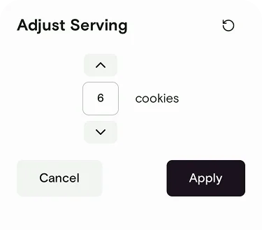 Adjust Serving sheet with up and down arrows, Cancel, and Apply